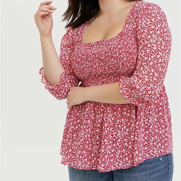 torrid Tops - Torrid Floral Babydoll Chiffon Smocked Top Square Neck Plus Size 2 2X H13778